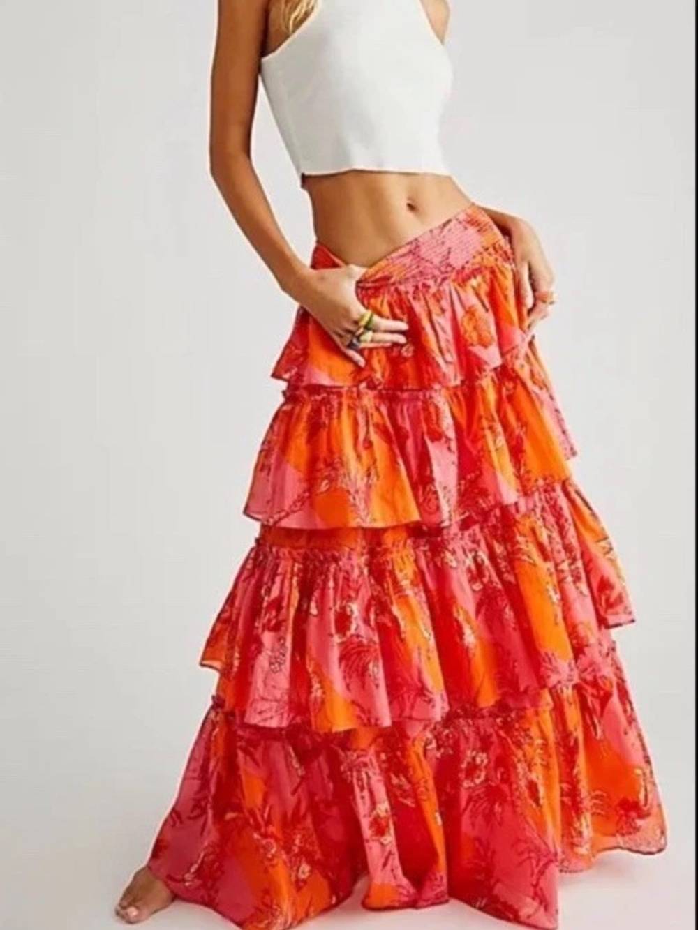 Tiered Ruffle Maxi Skirt in Coral Pink and Orange
